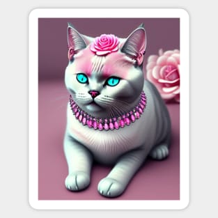 British Shorthair adorned with gems and pink roses Sticker